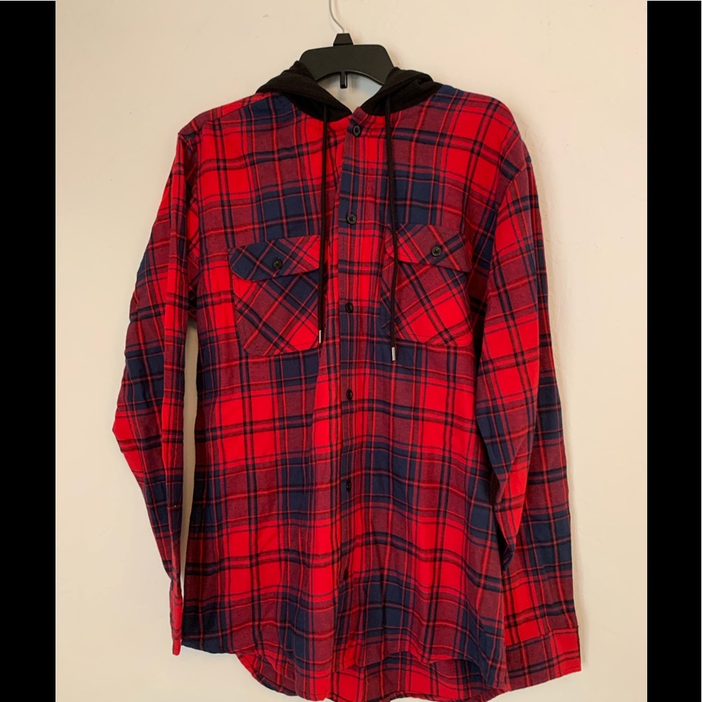 Red hooded flannel like long sleeve shirt